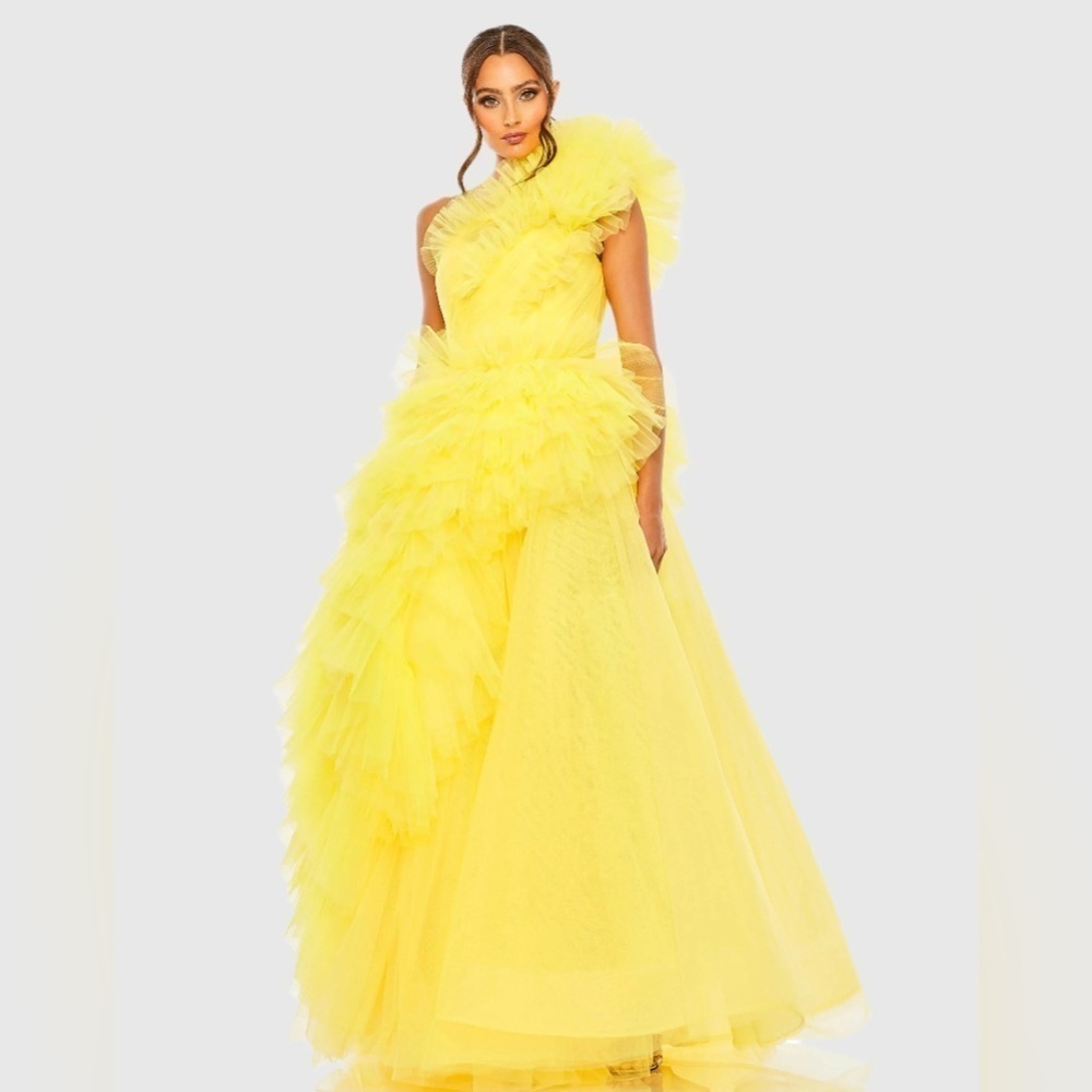 Mac Duggal 20534 NWT Yellow Tulle Ruffled One Shoulder Gown